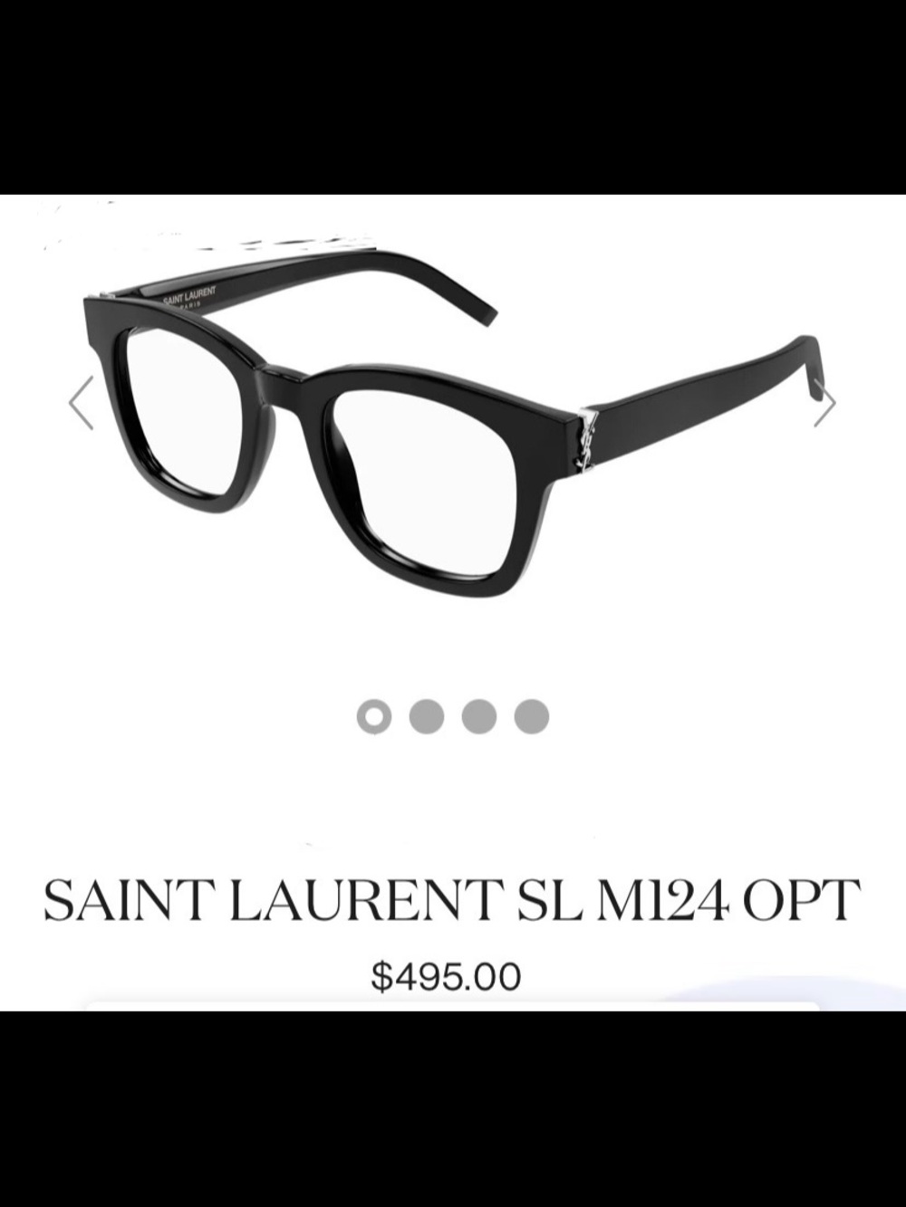 Saint Laurent Black Glossy Square Optical Glasses with Silver Temple Accent